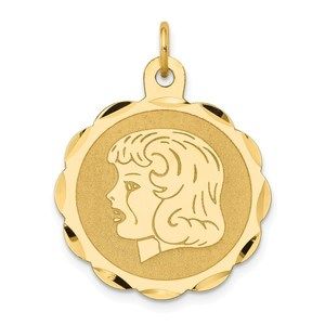 14k Yellow Gold Girl Head on .011 Gauge Engravable Scalloped Disc Charm